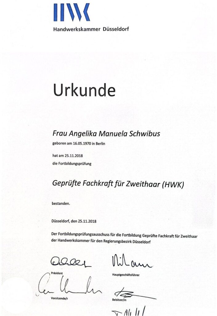 Geprüfte Fachkraft für Zweithaar (HWK), 2018 Geprüfte Fachkraft für Zweithaar (HWK), 2018