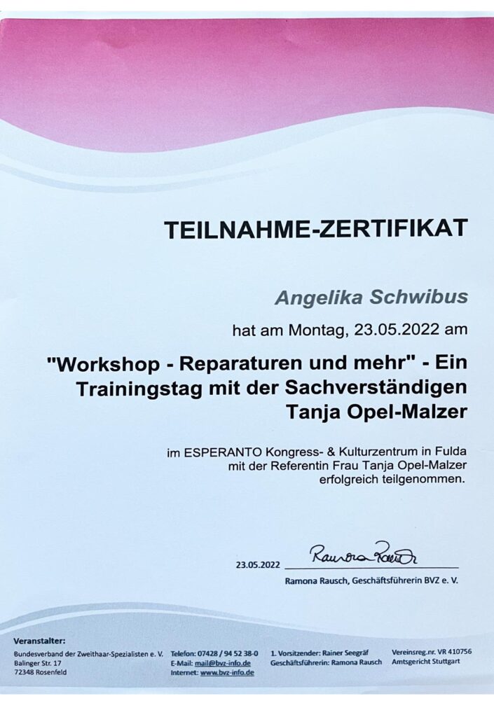 Workshop: Reparaturen und mehr. Bundesverband der Zweithaar-Spezialisten, 2022 Workshop: Reparaturen und mehr. Bundesverband der Zweithaar-Spezialisten, 2022